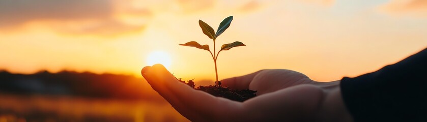 Hand holding a small plant at sunset, symbolizing growth and sustainability.