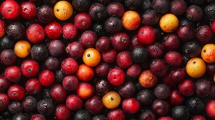 Wall Mural - Close-up view of a pile of fresh, ripe berries in various shades of red, purple, and yellow, glistening with moisture.