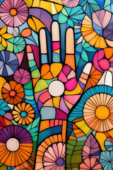 Poster - A hand adorned with various colors emerges from an intricate pattern of bright flowers, reflecting creativity and artistic vision