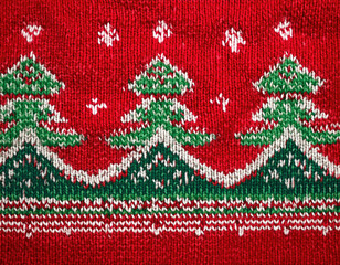 Wall Mural - A traditional knitted Christmas pattern featuring green pine trees and white snowflakes against a bright red wool background.