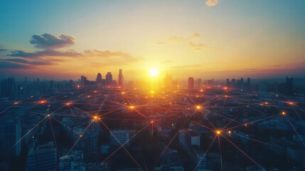 Poster - Futuristic network connecting buildings in a smart city skyline at sunset, symbolizing communication and technological advancement