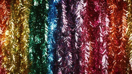 A sparkling tinsel garland in a rainbow of colors, hanging across the ceiling at a holiday party for a celebratory mood