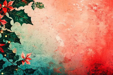 Poster - A vibrant holiday-themed background featuring poinsettias and holly leaves sprawled across a textured surface in shades of red and green