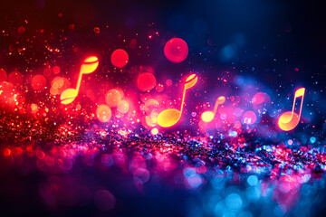 Leinwandbilder - Bright musical notes shimmer against a dazzling backdrop filled with colorful lights and sparkling reflections, creating a lively and festive atmosphere