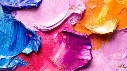 Poster - A colorful display of abstract art features thick brushstrokes of blue, pink, orange, and purple layered dynamically on a textured surface, creating an engaging visual experience