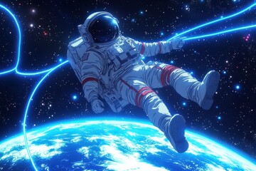 Wall Mural - cartoon astronaut exploring the stars in mesmerizing space scenery