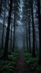  Foggy twilight forest, moonlit and serene.