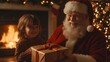 © komgritch - A joyful scene of a child receiving a gift from Santa Claus by the warm fire.