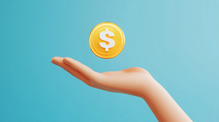 Poster - Cartoon hand holding a levitating golden coin with dollar sign on blue background, representing finance, investment, and savings concepts