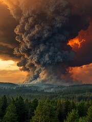 Wall Mural - Forest fire smoke clouds at fiery sunset.