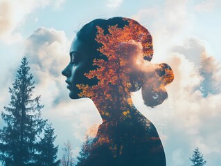 Aufkleber - Ethereal Silhouette of a Woman Surrounded by Nature's Beauty with Double Exposure Effect Creating a Dreamy Landscape of Trees and Clouds