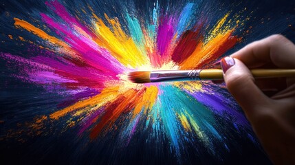 Poster - A vibrant explosion of colors created by a paintbrush on a dark background.