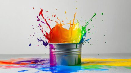 Leinwandbilder - Vibrant paint splashing out of a metal bucket, creating a dynamic burst of color on a clean white surface
