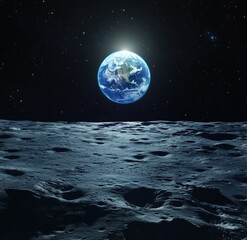 Aufkleber - The Earth seen from the Moon's surface, with dark space in the background, a blue glow on the horizon