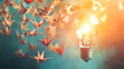 Poster - Origami birds soaring towards a glowing light bulb, representing inspiration, creativity, and forward-thinking