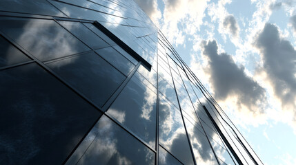 Fototapete - Low angle view of a modern glass skyscraper reflecting clouds on a sunny day, showcasing contemporary architecture