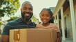 © MP_Artworks - A joyful family smiles as they carry boxes out of their house on moving day, surrounded by packed belongings and an atmosphere of excitement and new beginnings.