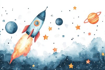 Wall Mural - cute rocket soaring through a whimsical starry sky