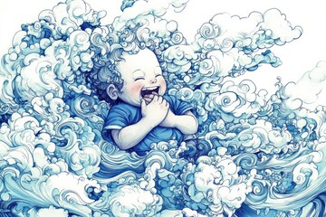 Wall Mural - A joyful child plays amidst swirling waves, embodying a sense of wonder and playfulness.