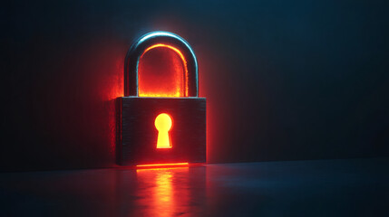 Fototapete - Metallic padlock emitting a vibrant, orange glow, set against a dark backdrop, symbolizes data protection and cybersecurity