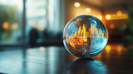 Poster - Crystal ball on modern office desk displays positive global business trends in growing bar chart