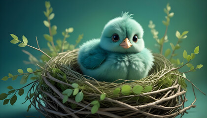 A cute green baby chick with large eyes sitting in a nest made of twigs against a blurred green and blue background