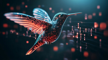 Hummingbird made of digital particles flying through binary code data stream, concept of nature and technology connection