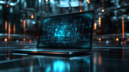 Leinwandbilder - Futuristic laptop displaying a circuit board and binary code, suggesting advanced computing in a server room environment