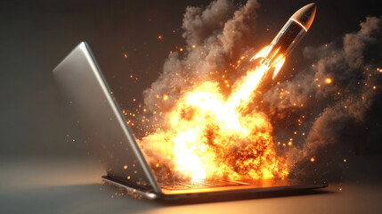 Poster - Laptop launching rocket with flames and smoke, symbolizing rapid growth and success in technology and business