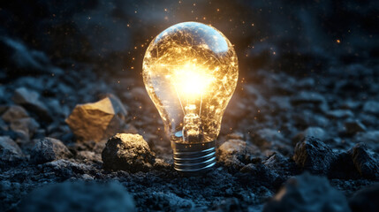 Aufkleber - Bright light bulb shining on rugged terrain, symbolizing ingenuity, originality, and the impact of concepts