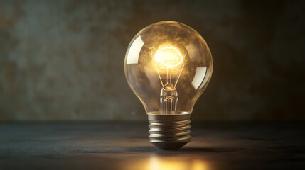 Poster - Lit light bulb on a dark background symbolizes ideas, innovation, and creativity, representing bright solutions in challenging times