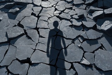 Wall Mural - A shadow of a person on cracked ground, symbolizing isolation or struggle.