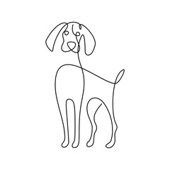 Wall Mural - Cute dog in continuous line art drawing style. Cartoon hunting dog black linear design isolated on white background. Vector illustration