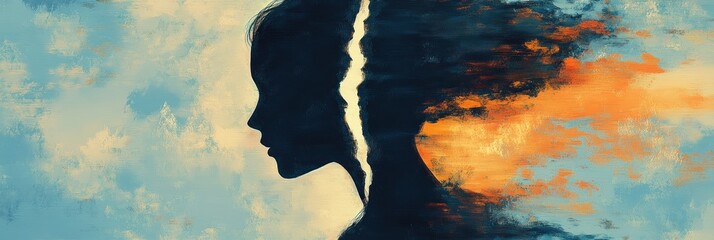 Wall Mural - A surreal silhouette of two profiles merging with a colorful, abstract background.