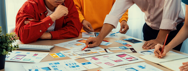 Wall Mural - panorama banner of startup company employee planning on user interface prototype for mobile applicat