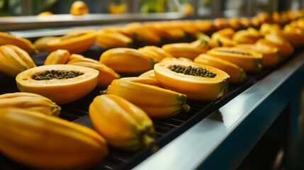 Poster - Ripe papayas are arranged on a conveyor belt in a juice processing facility. Workers prepare fresh fruit for juicing during daylight hours, showcasing the vibrant colors and freshness of the produce.