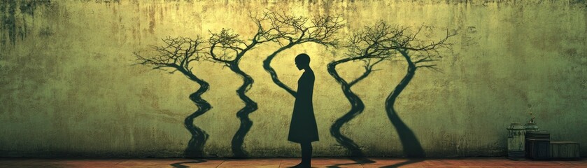 Poster - A silhouette stands against a wall, with shadowy tree-like figures creating a contemplative scene.