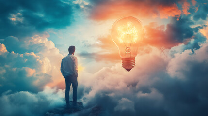 Poster - Businessman standing on a cliff looking at a glowing light bulb in a cloudy sky, symbolizing new ideas, innovation, and inspiration