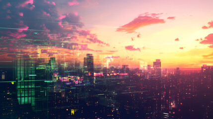 Poster - Futuristic cityscape at sunset, with digital lines and glowing buildings, evokes a vibrant and technologically advanced urban scene