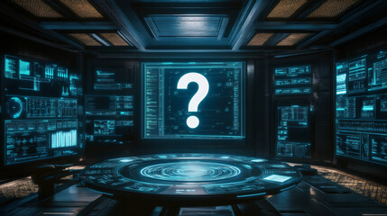 Fototapete - Giant question mark displayed on a screen in a futuristic command center with holographic control panel