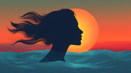 Poster - Silhouette of a Woman with Flowing Hair Against a Vibrant Sunset Over Ocean Waves, Evoking Tranquility, Serenity, and Dreamy Emotions in Nature's Beauty
