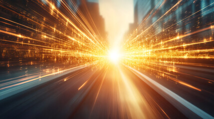 Aufkleber - Blurry golden data stream flowing on a city street at sunset, creating a modern cityscape with motion blur and vibrant light