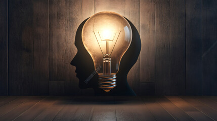 Poster - Light bulb glowing inside human head shape symbolizing bright ideas, innovation, and creativity against a wooden backdrop