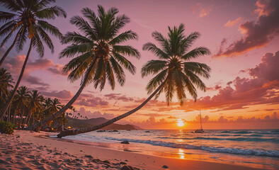Poster - Beach with palm trees and a sunset in the background. The sun is setting and the sky is orange