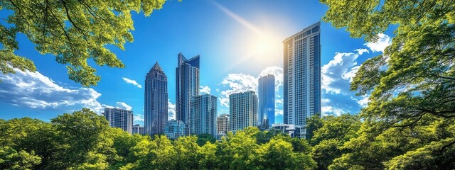 The Atlanta cityscape downtown showcases many prominent structures and hotels with a blue sky overhead