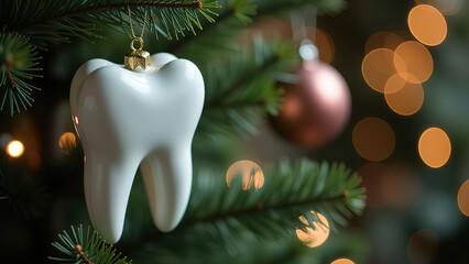 Wall Mural - Figurines of a tooth on a Christmas tree. New Year's Eve at the dental clinic. A festive medical concept.