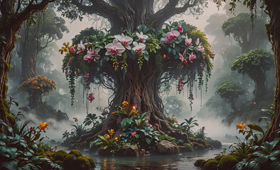 Poster - Tree with pink flowers is surrounded by plants. The tree is in a forest