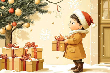 Wall Mural - Adorable Child Holding a Gift by Christmas Tree. An illustration of a young child wearing a Santa hat and holding a gift while standing beside a decorated Christmas tree in a snowy setting.
