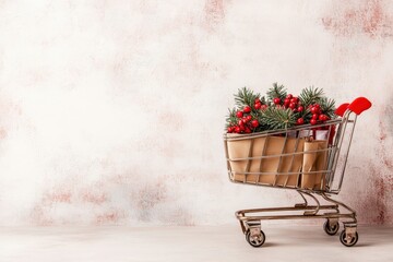 Wall Mural - Recycling during festive seasons promotes sustainability. Rustic Christmas shopping cart image ideal for festive gift ideas and seasonal décor.