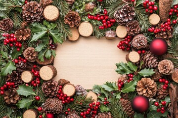 Wall Mural - Recycling during festive seasons promotes sustainability. A flat lay image featuring a rustic Christmas frame with a wine cork border, perfect for seasonal decor inspiration.